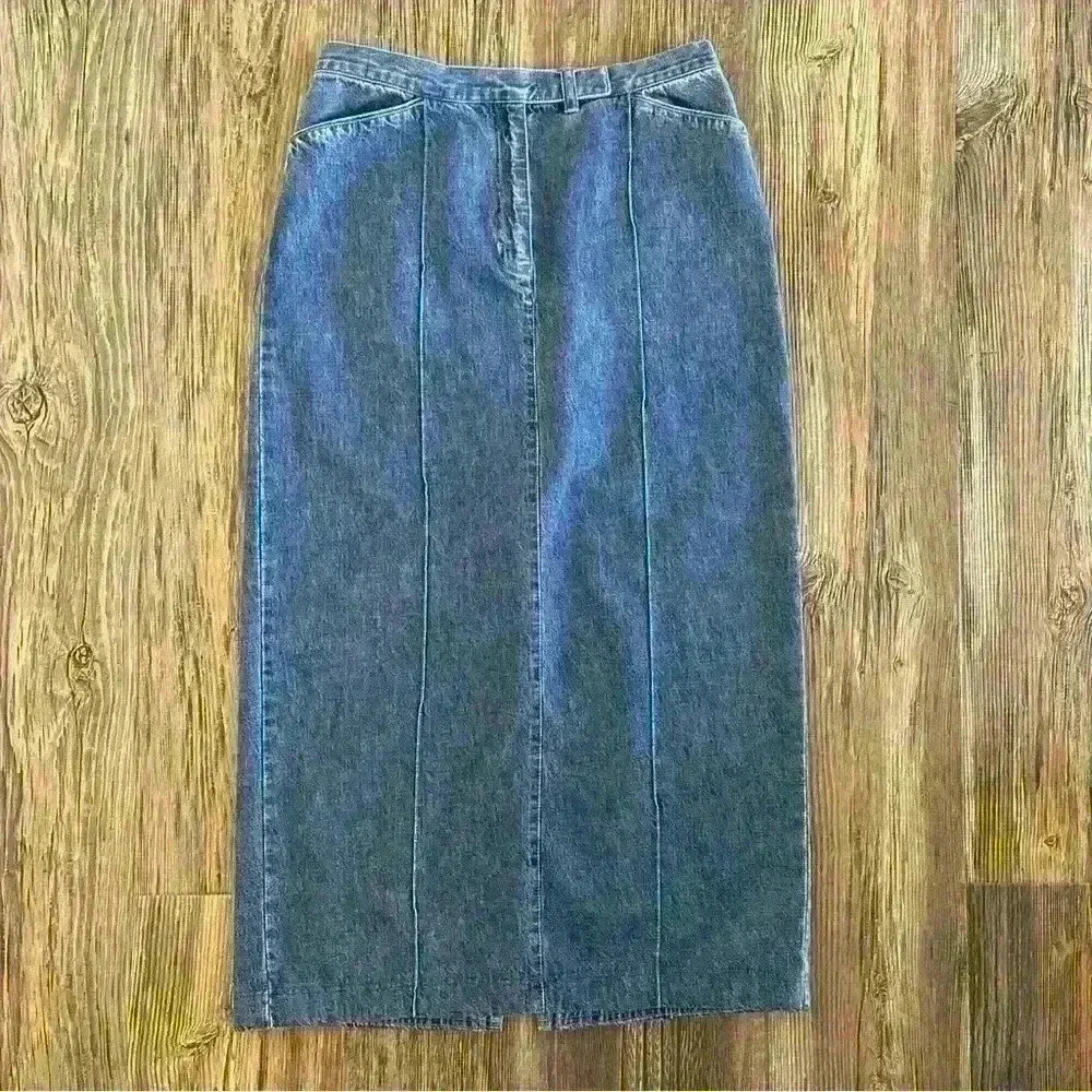 Jones Jeans Skirt Size 10 Midi Blue Denim Cotton Tab Front Pockets 90s Vintage